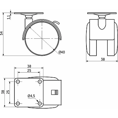 Колесо меб. пласт. d40 с площадкой с торм., серый AKS - фото 2