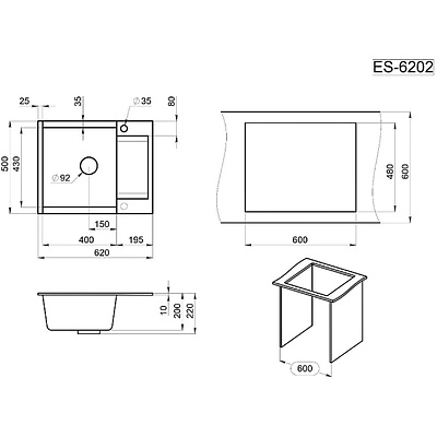 Мойка кварцевая, прямоугольная, GR-6202 Estetica, 620*500мм, базальт, Granula - фото 2