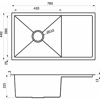 Мойка н/сталь, прямоугольная одночашевая, 780*440мм, мат сатин, PVD, мойка слева, с крылом, универсальная, AKS (3,2мм) - фото 2