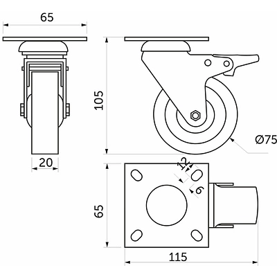 Колесо меб. TECH d75 h100 с площадкой с торм., серый AKS - фото 4