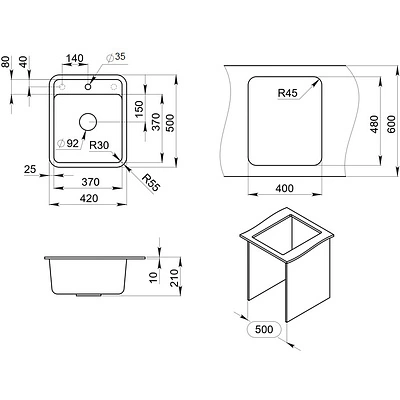 Мойка кварцевая, прямоугольная, ST-4202, 420x500мм, черный, Granula - фото 4