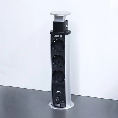 Выдвижной удлинитель Vulcan USB, 60 мм, 3 розетки, USB A + USB C, крышка пластик, алюминий, AKS - фото 4