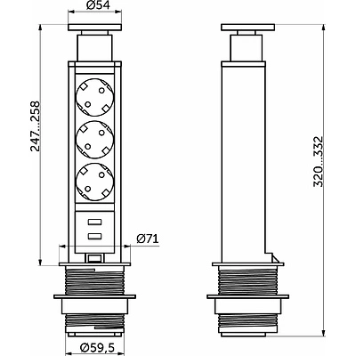 Выдвижной удлинитель Vulcan USB, 60 мм, 3 розетки 2xUSB A, крышка металл, шлиф. сталь, AKS - фото 2