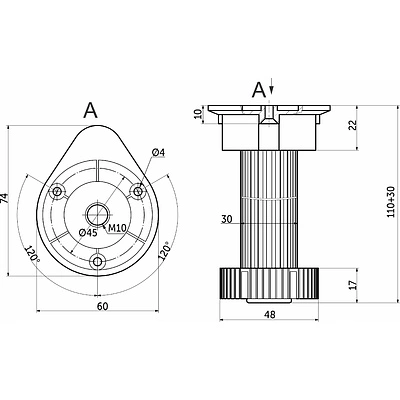 Опора кухонная пласт. h120 трехсоставная с овальным креплением, черный (1 упак. = 250 шт.) - фото 2