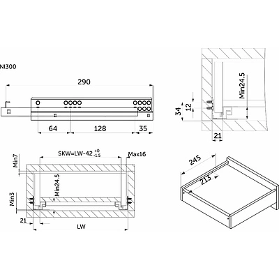 Направляющая скрытого монтажа L-300 с доводчиком ДСП до16mm насадной монтаж AKS 3/4 с фиксаторами - фото 2