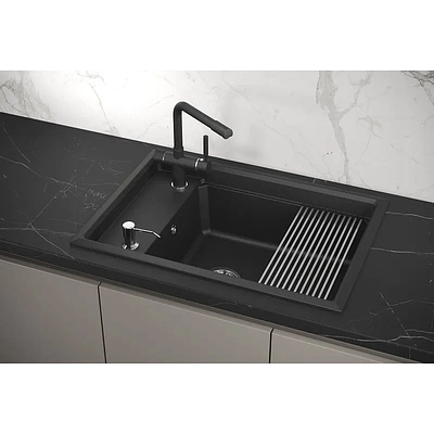 Мойка кварц, прямоугольная одночашевая, KS-7305, 730*510мм, черный металлик, на столешницу, Granula - фото 4