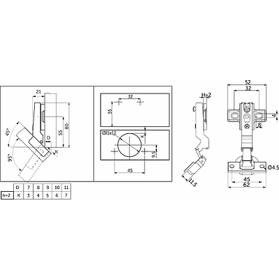 Петля угловая -45° с пружиной 45мм h2 slide-on AKS - фото 2