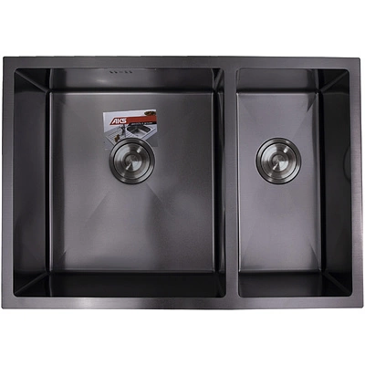 Мойка н/сталь, прямоугольная двухчашевая, 750*510мм, черный, универсальная, AKS (3,2мм) - фото 1