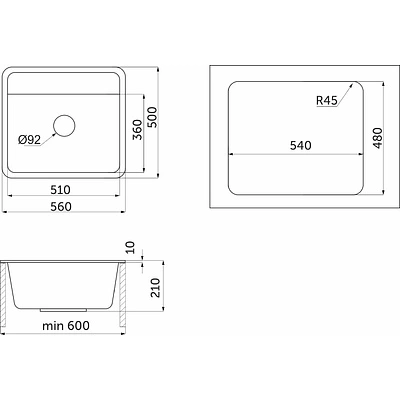 Мойка кварцевая, прямоугольная, ST-5601, 560*500мм, черный, Granula - фото 2
