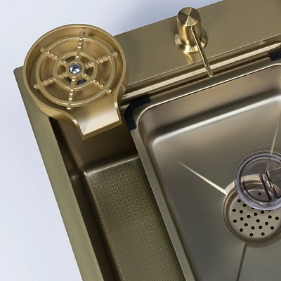 Мойка н/сталь, прямоугольная одночашевая, со смесителем, 750*450мм, соты золото, PVD, врезная на/вровень столешнице, AKS (3,2мм) - фото 6