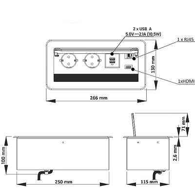 Выдвижной удлинитель Atlas USB, 2 розетки, 2xUSB, HDMI, LAN, черный, AKS - фото 2