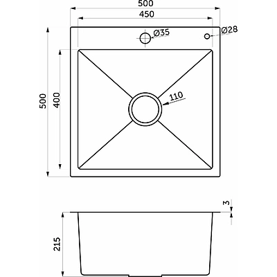 Мойка н/сталь, квадратная одночашевая, 500*500мм, мат сатин, PVD, врезн на/вровень столешнице, AKS (3,2мм) - фото 2