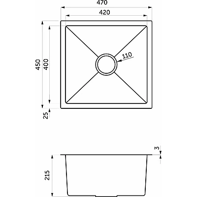 Мойка н/сталь, прямоугольная одночашевая, 470*450мм, сатин, универсальная, AKS (3,2мм) - фото 2