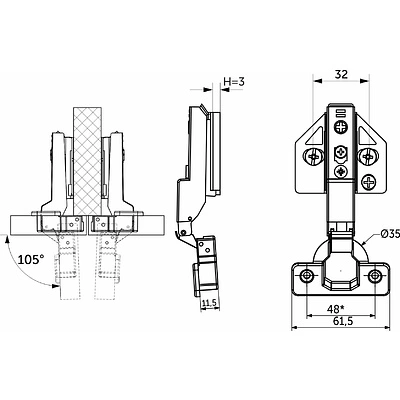 Петля полунакладная с доводчиком 48мм h3 clip-on AKS PLUS 3D (саморезы, заглушки) - фото 2