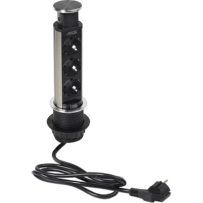 Выдвижной удлинитель Vulcan, 60 мм, 3 розетки, крышка металл, шлифованная сталь, AKS - фото 1