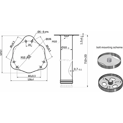 Опора меб. круглая d50 h710, хром, винт М10, AKS - фото 2
