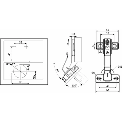 Петля угловая 45° с доводчиком 45мм h0 clip-on AKS - фото 2