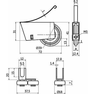 Комплект роликов SENATOR открытый для 1 раздвижной двери AKS PLUS 80 кг усиленные верхний подшипник - фото 2