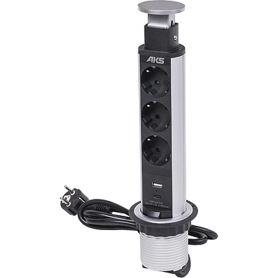 Выдвижной удлинитель Vulcan USB, 60 мм, 3 розетки, USB A + USB C, крышка пластик, алюминий, AKS - фото 1