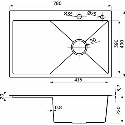 Мойка н/сталь, прямоугольная одночашевая, 780*490мм, графит, мойка справа, врезная на/вровень столешнице, AKS (3,2мм) - фото 3