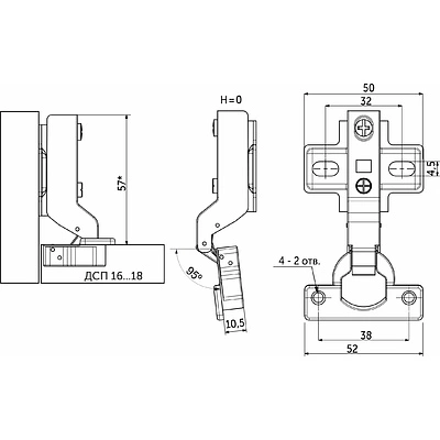 Петля мини внутренняя с доводчиком 38мм h0 несъемная планка AKS - фото 2