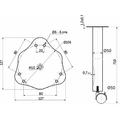 Опора меб. круглая d50 h710 с колесом с тормозом, хром, винт М10, AKS - фото 2