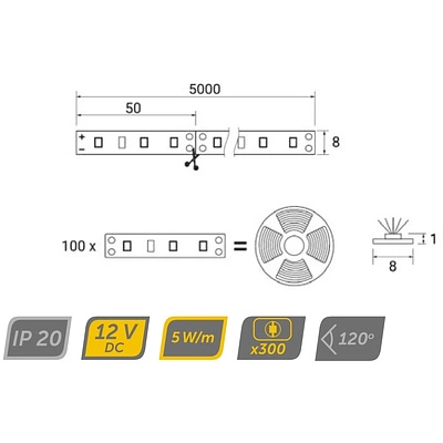 Лента светодиодная - 5W/m, 8mm, 2835, IP20, 60д/м, нейтральный белый 4000К, 5м, HLT - фото 2