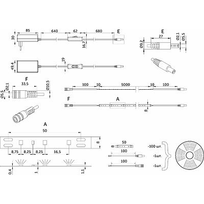 Лента светодиодная - 4,8W/m, 12V, 8мм, 2835, 60 д/м, IP20, теплый белый (3000K) - 5м, + блок питания, AKS - фото 2
