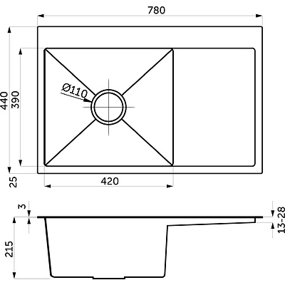 Мойка н/сталь, прямоугольная одночашевая, 780*440мм, мат сатин, PVD, мойка слева, с крылом, универсальная, AKS (3,2мм) - фото 2