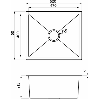 Мойка н/сталь, прямоугольная одночашевая, 520*450мм, сатин, универсальная AKS (3,2мм) - фото 2