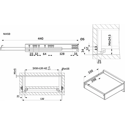 Направляющая скрытого монтажа L-450 с доводчиком ДСП до16mm насадной монтаж AKS 3/4 с фиксаторами - фото 2