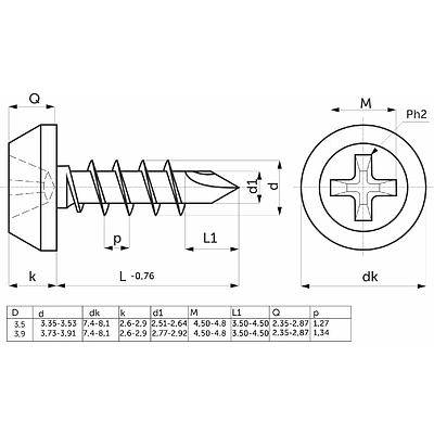 Саморез с полукруглой головкой 3,5*9,5 сверло, белый цинк (уп/1тыс.шт) AKS - фото 2
