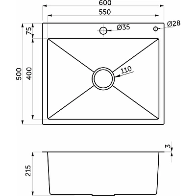 Мойка н/сталь, прямоугольная одночашевая, 600*500мм, сатин, PVD, врезн на столешницу, AKS (3,2мм) - фото 2