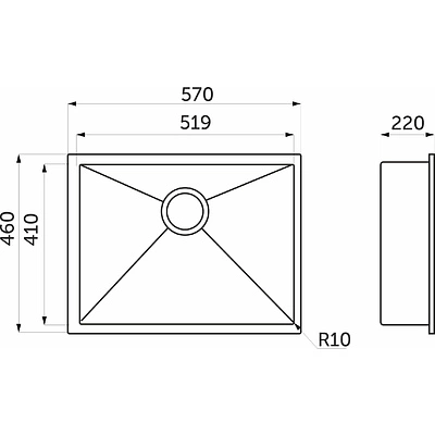 Мойка н/сталь, прямоугольная одночашевая, 570*460мм, глянец сатин, универсальная, AKS (3,2 мм) - фото 2