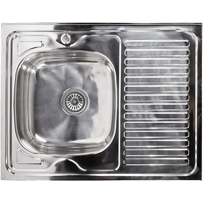 Мойка н/сталь, прямоугольная одночашевая, 800*600мм, полир хром, мойка слева, накладная, AKS (0,6мм) - фото 1