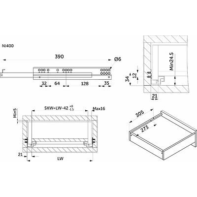 Направляющая скрытого монтажа L-400 с доводчиком ДСП до16mm насадной монтаж AKS 3/4 с фиксаторами - фото 2