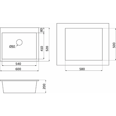 Мойка кварцевая, прямоугольная, GR-6001, 600*520мм, графит, Granula - фото 2