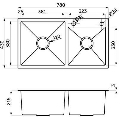 Мойка н/сталь, прямоугольная двухчашевая, 780*430мм, сатин, PVD покрытие, мойка справа, врезн на/вровень столешнице, AKS (3,2мм) - фото 2