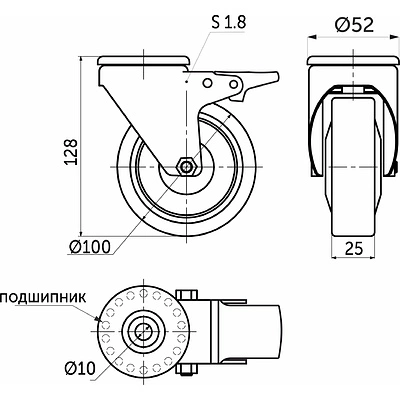 Колесо меб. TECH d100 h128 под винт М10 с торм., серый AKS - фото 2