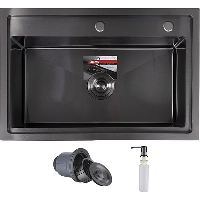 Мойка н/сталь, прямоугольная одночашевая, 700*460мм, глянец черный, врезн на/вровень столешнице, AKS (3,2мм) - фото 1