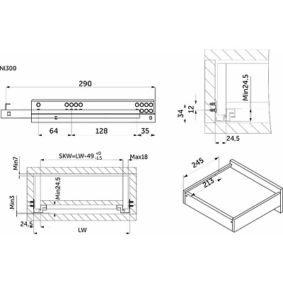 Направляющая скрытого монтажа L-300 с доводчиком ДСП до19mm насадной монтаж AKS 3/4 с фиксаторами - фото 2