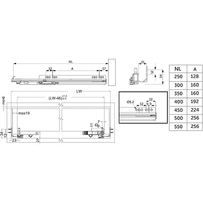 Направляющая скрытого монтажа L-450 с доводчиком ДСП до19mm с замками AKS QType полное выдвижение - фото 2