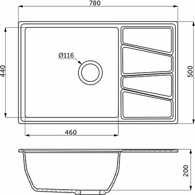 Мойка каменная, прямоугольная одночашевая, каменная, V780, 780*500мм, черный, Granfest - фото 2