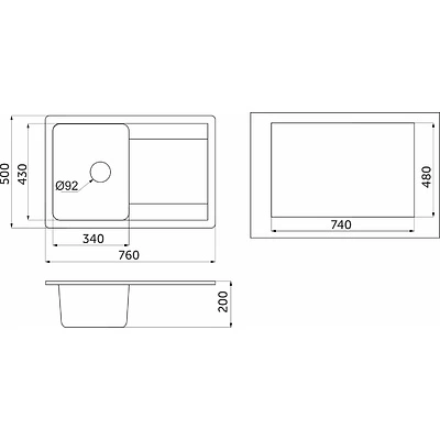 Мойка кварцевая, прямоугольная, ST-7602, 760*500мм, графит, Granula - фото 2