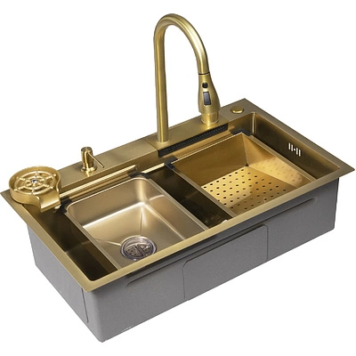 Мойка н/сталь, прямоугольная одночашевая, со смесителем, 750*450мм, соты золото, PVD, врезная на/вровень столешнице, AKS (3,2мм) - фото 3