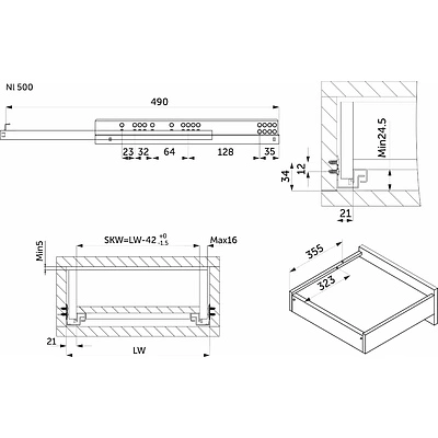 Направляющая скрытого монтажа L-500 с доводчиком ДСП до16mm насадной монтаж AKS 3/4 с фиксаторами - фото 2