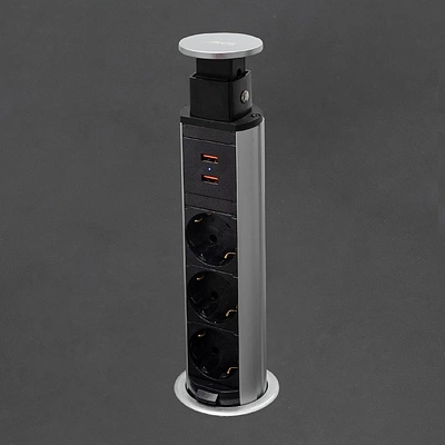 Выдвижной удлинитель Vulcan USB, 60 мм, 3 розетки, 2xUSB A, крышка пластик, алюминий, AKS - фото 4