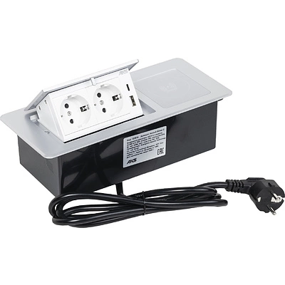 Выдвижной удлинитель Nova 5, 2 розетки, USB A + C, беспроводная зарядка, алюминий, AKS - фото 1