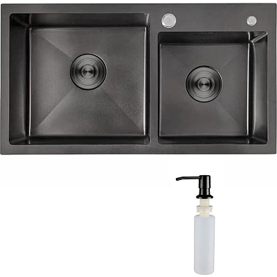 Мойка н/сталь, прямоугольная двухчашевая, 780*430мм, глянец черный, PVD, мойка справа, врезн на/вровень столешнице, AKS (3,2мм) - фото 1