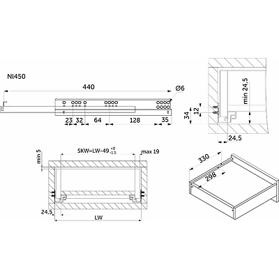 Направляющая скрытого монтажа L-450 с доводчиком ДСП до19mm насадной монтаж AKS 3/4 с фиксаторами - фото 2